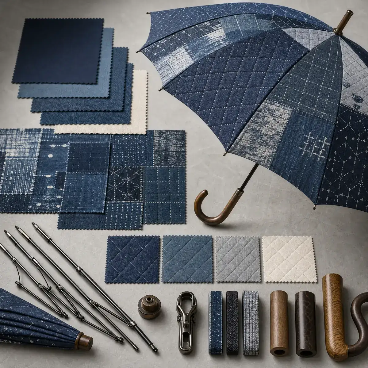 Craft Denim, Boro Patchwork and Diamond Quilting trend visual for Japan 2026 autumn winter umbrella design