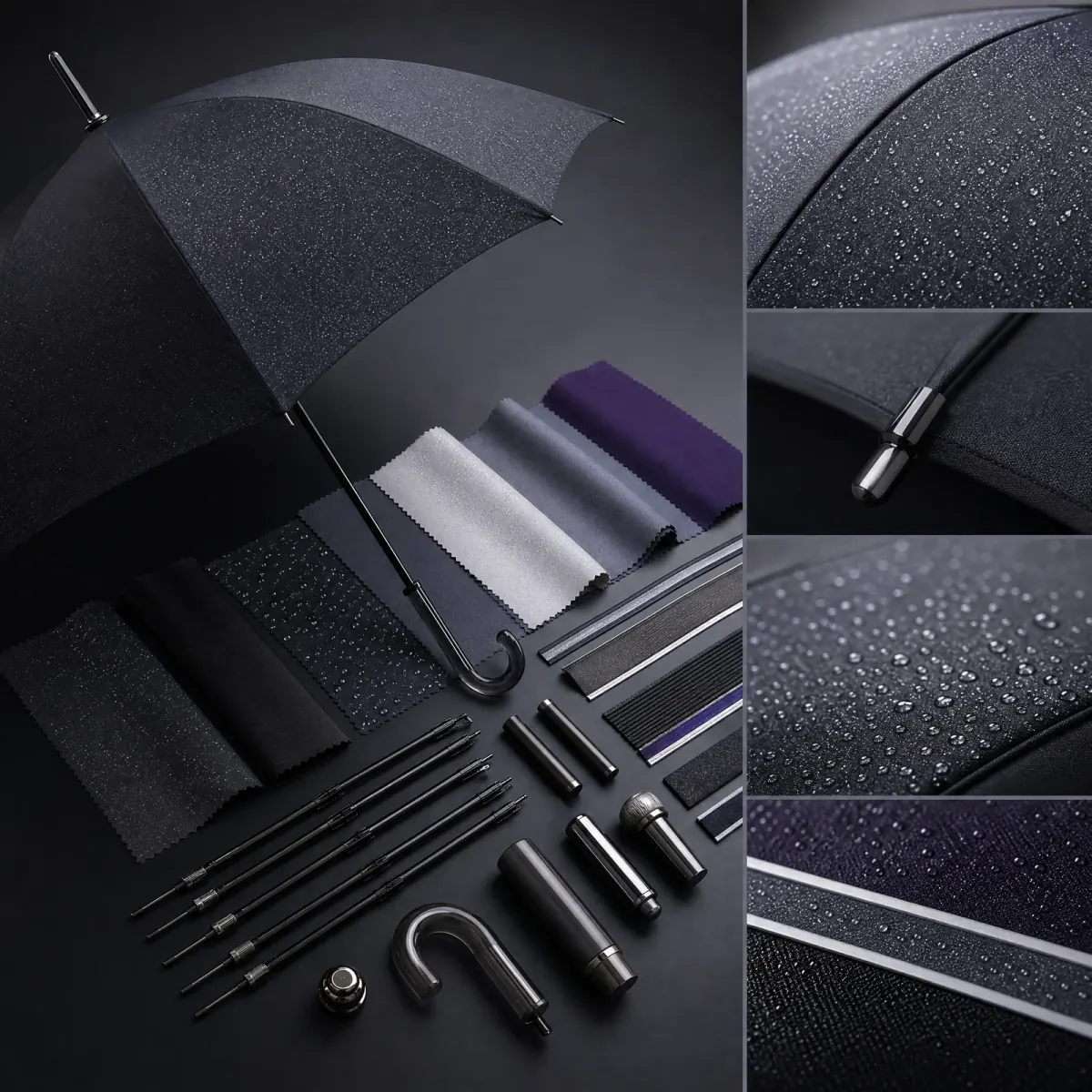 Nocturnal Monotone with Metallic Rain trend visual for Japan 2026 autumn winter umbrella design