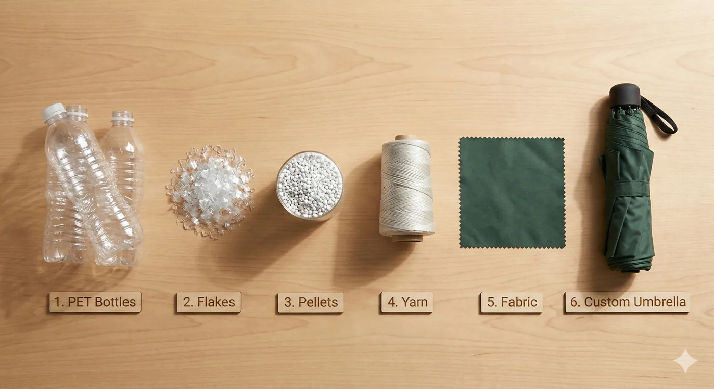 Infográfico sobre garrafas de plástico recicladas transformadas em tecido RPET para cobertura de guarda-chuvas