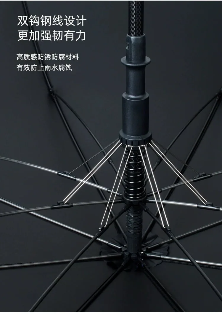 Close-up of a carbon fiber umbrella shaft with double hook support wires and anti-rust metal parts
