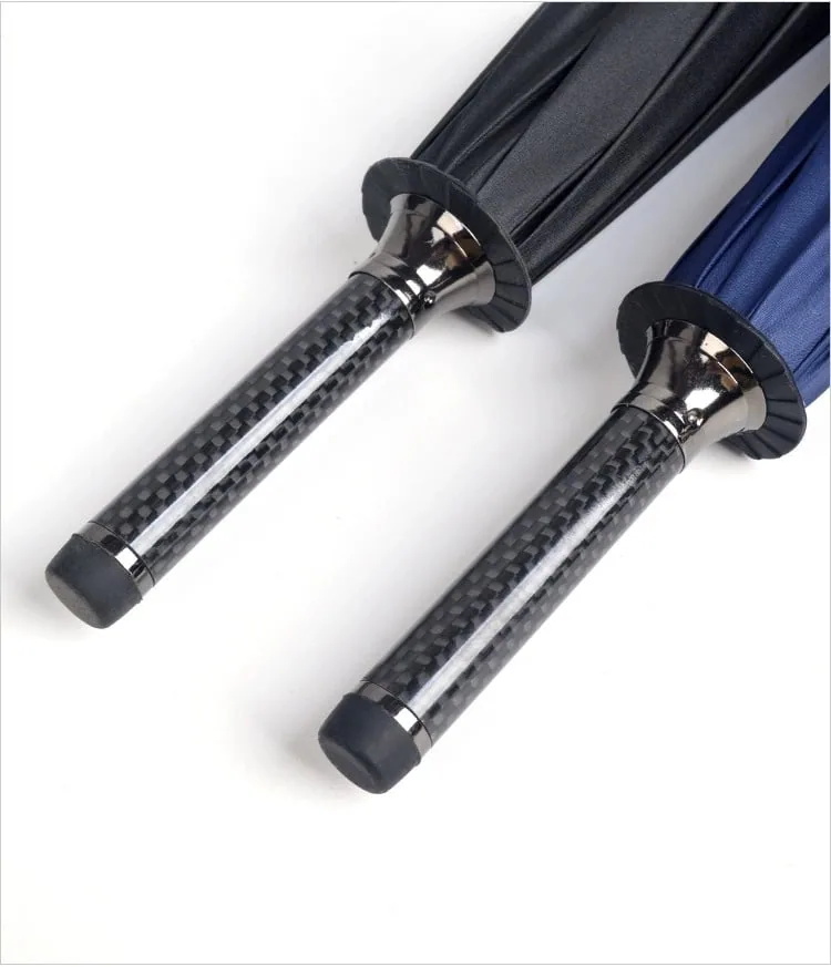 Close-up of a glossy carbon fiber umbrella handle and shaft finish