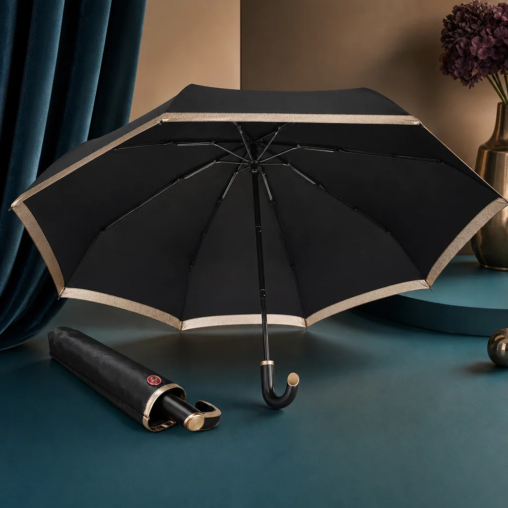 Cinematic Glamour Metallics folding umbrella concept for India 2026 Autumn/Winter