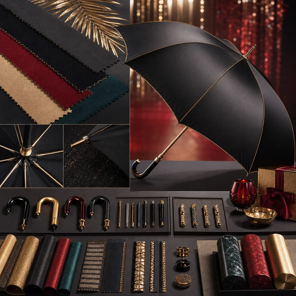 Cinematic Glamour Metallics trend visual for India 2026 Autumn/Winter umbrella design
