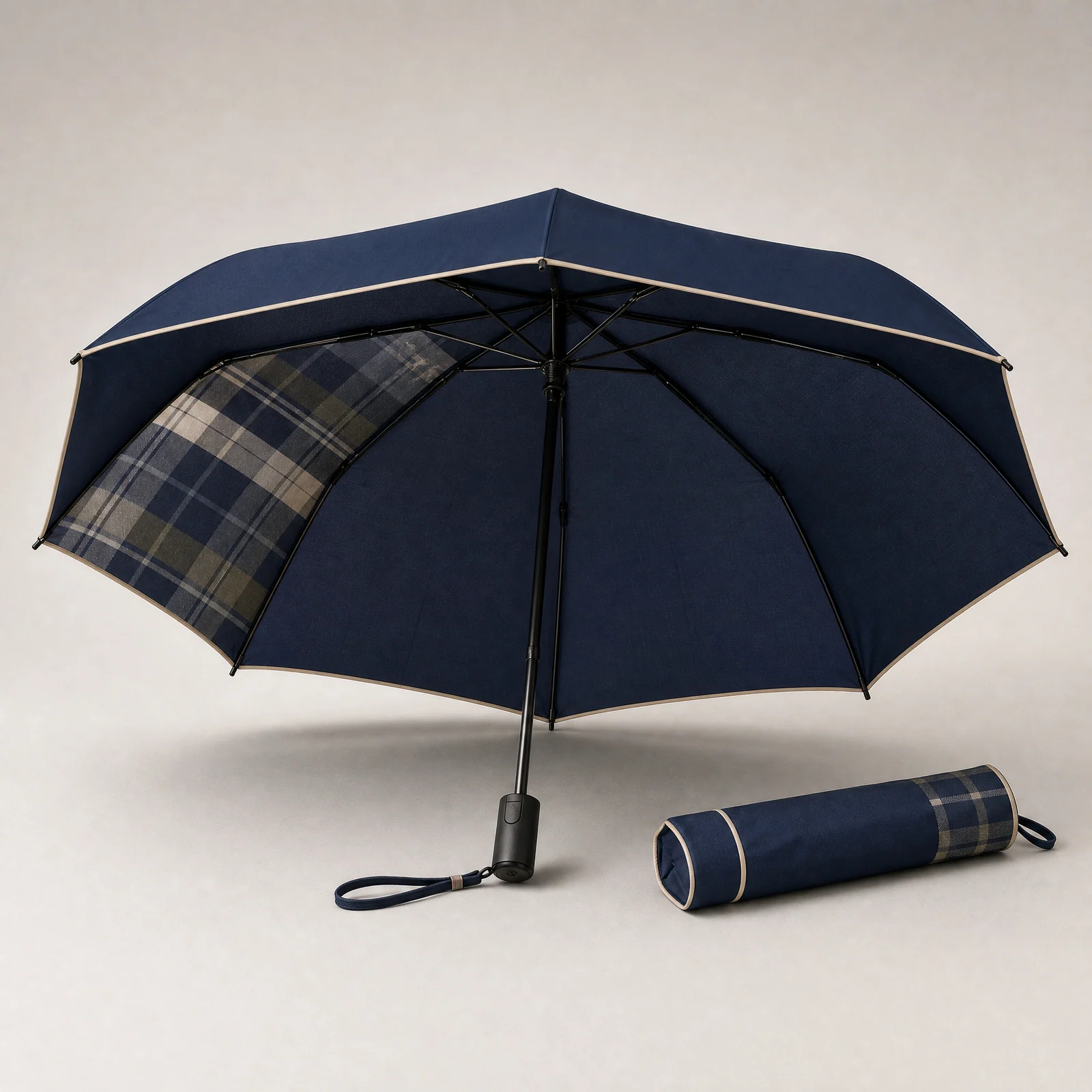Heritage Check x Raincoat Blue folding umbrella concept for UK 2026 autumn winter
