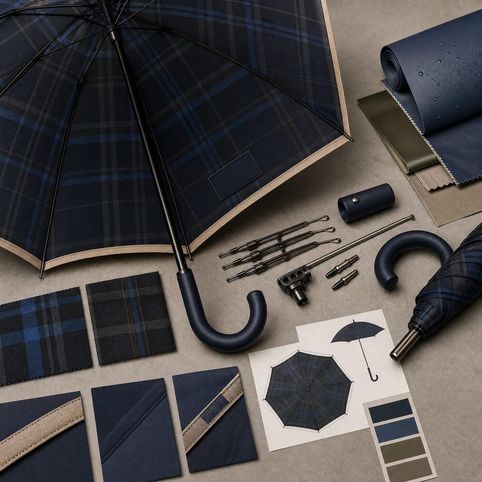 Heritage Check x Raincoat Blue trend visual for UK 2026 autumn winter umbrella design