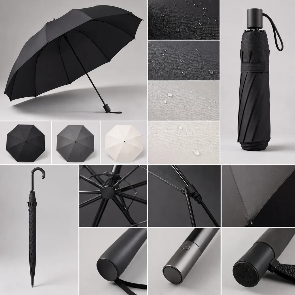 K-Fashion Monochrome Layer trend visual for South Korea 2026 Autumn/Winter umbrella design