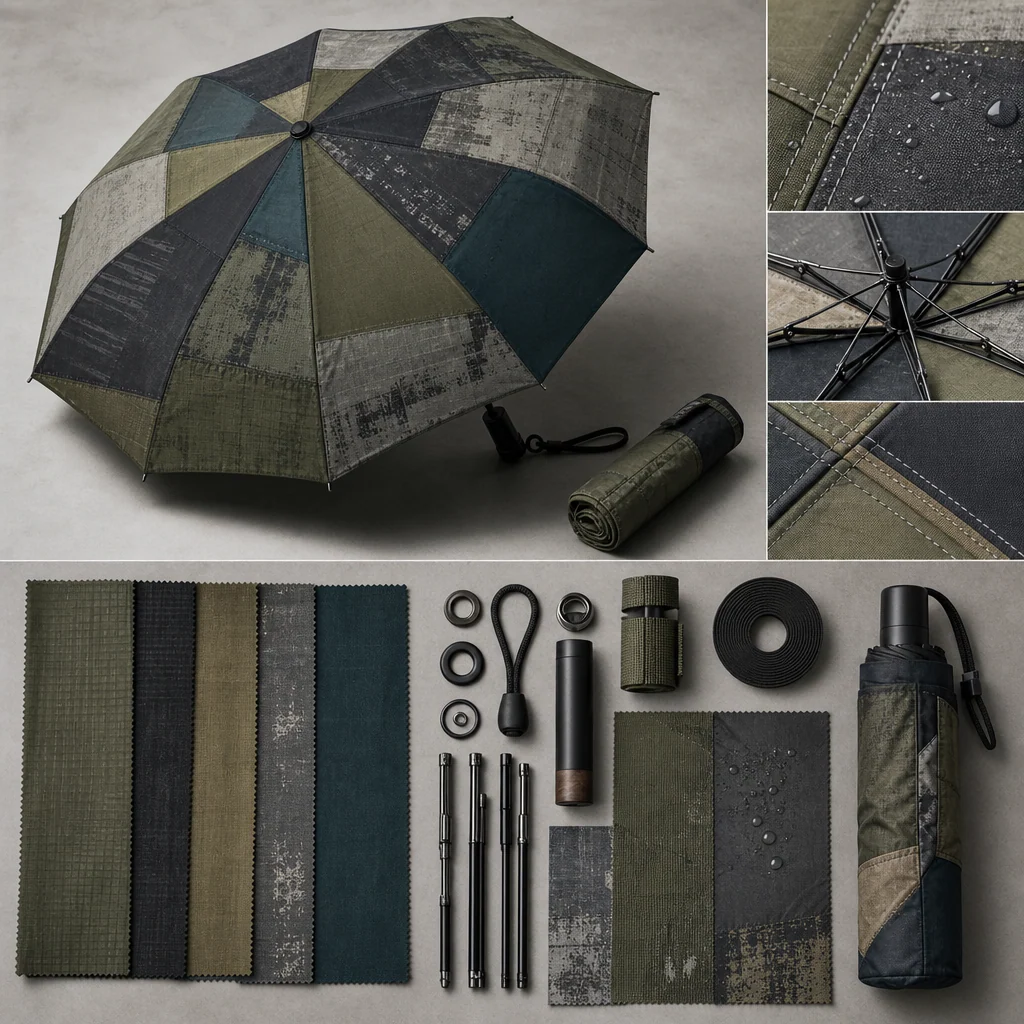 Reused Fabric Patchwork trend visual for Germany 2026 Autumn/Winter umbrella design
