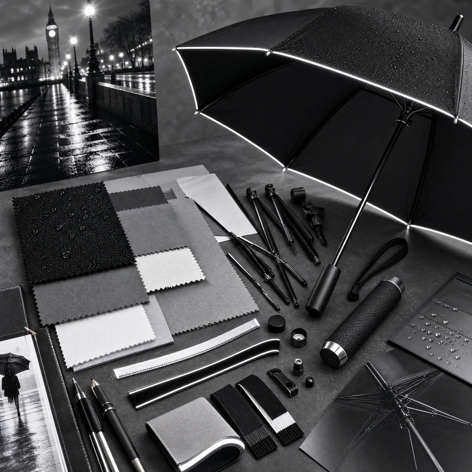 Slick Night Monochrome trend visual for UK 2026 autumn winter umbrella design