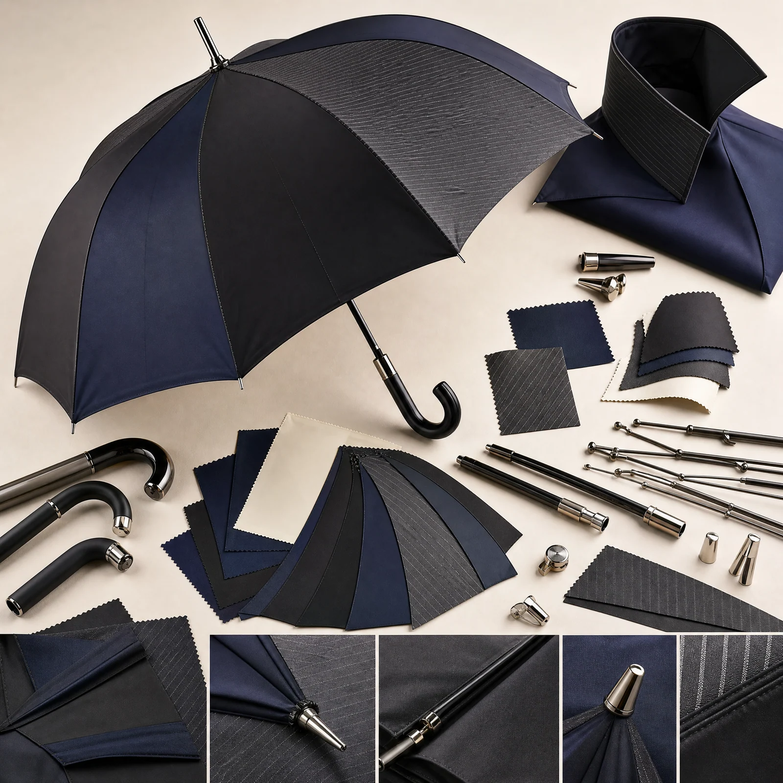 Twisted Tailoring with Metallic Trim trend visual for UK 2026 autumn winter umbrella design