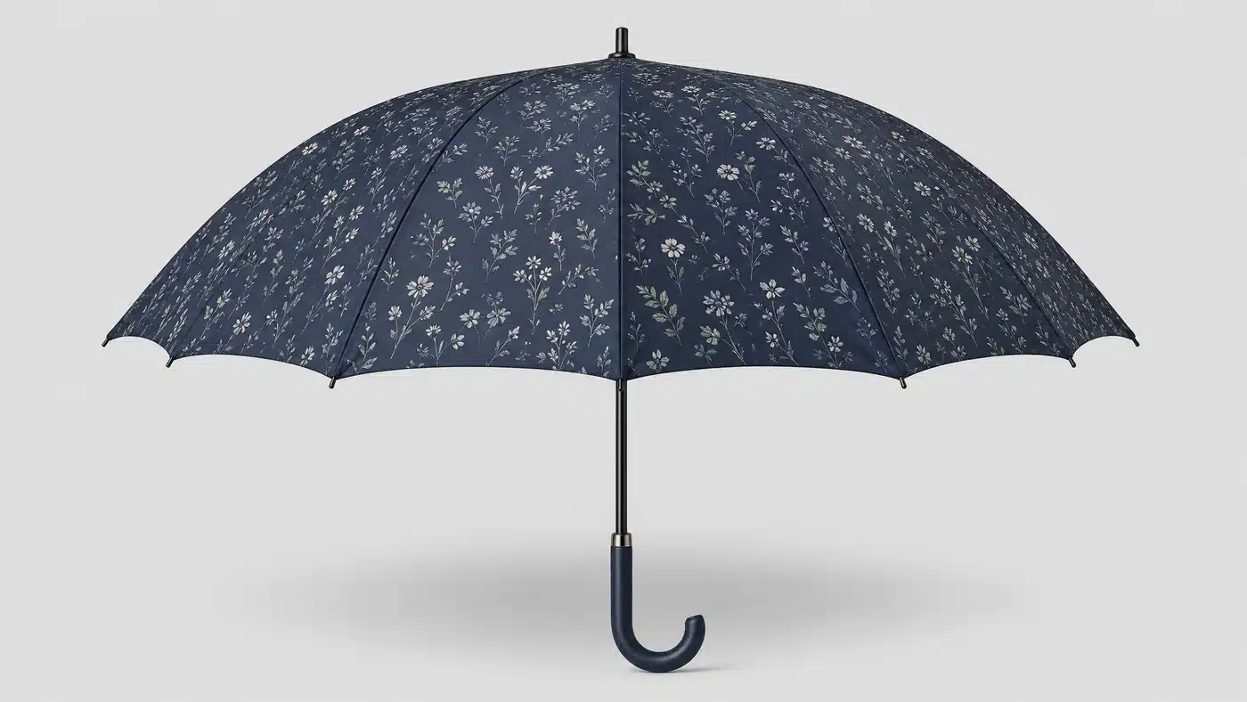 Conceito de guarda-chuva com microestampa floral retrô para o mercado dos Estados Unidos em 2026.