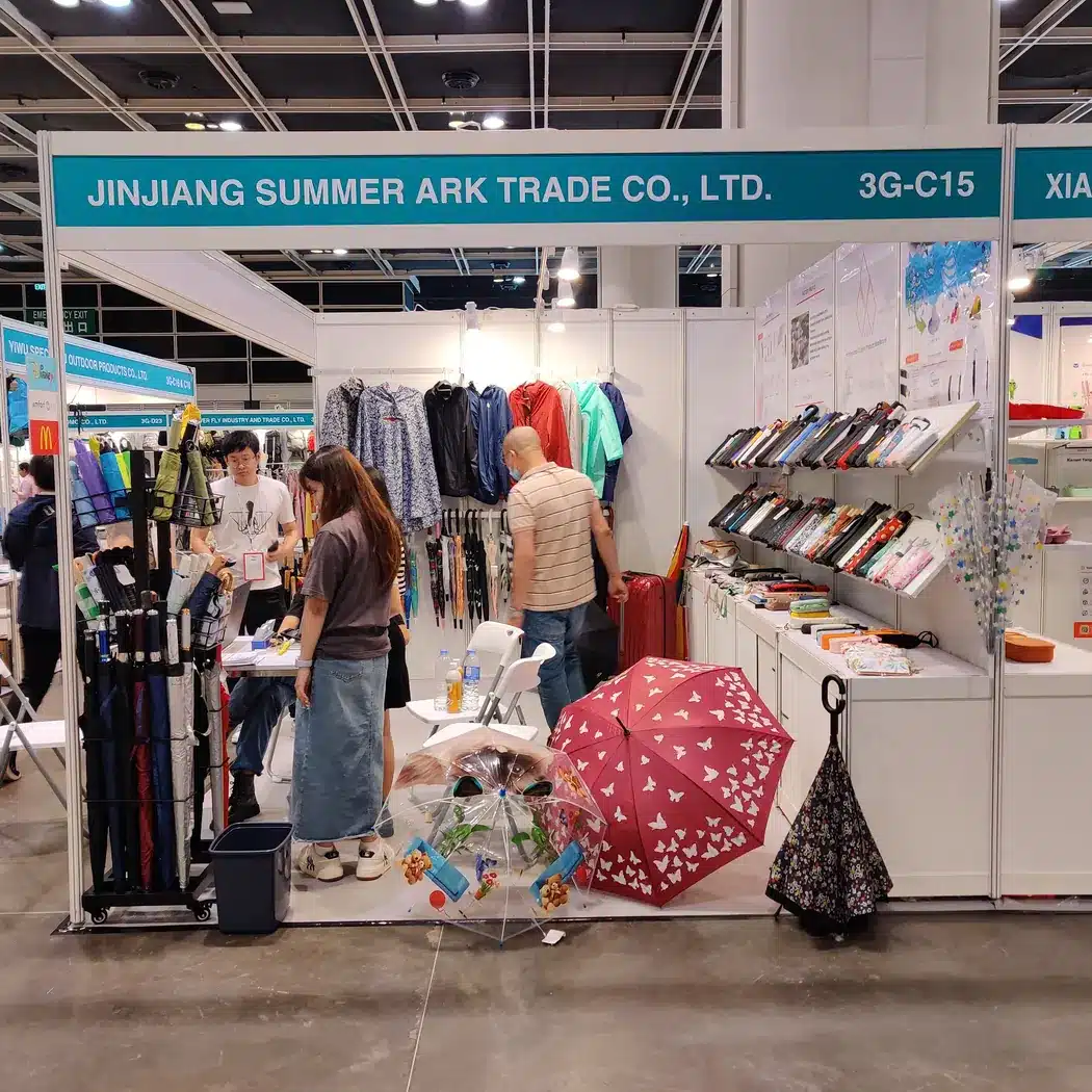 Ark Umbrella company booth showing branded and wholesale umbrella samples