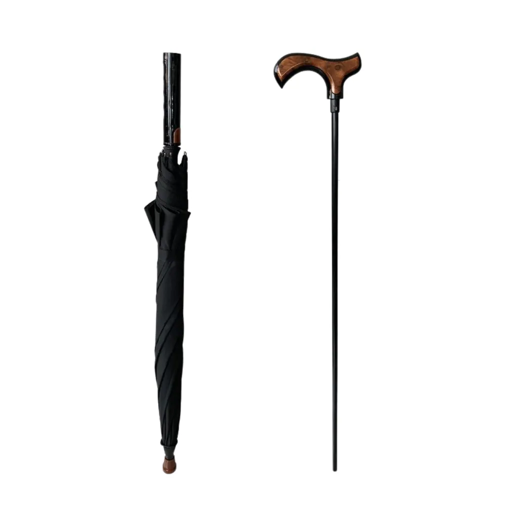 black umbrella with wooden handle as material choice