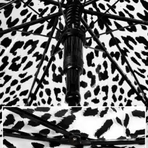 Printed umbrella canopy fabric and frame close-up