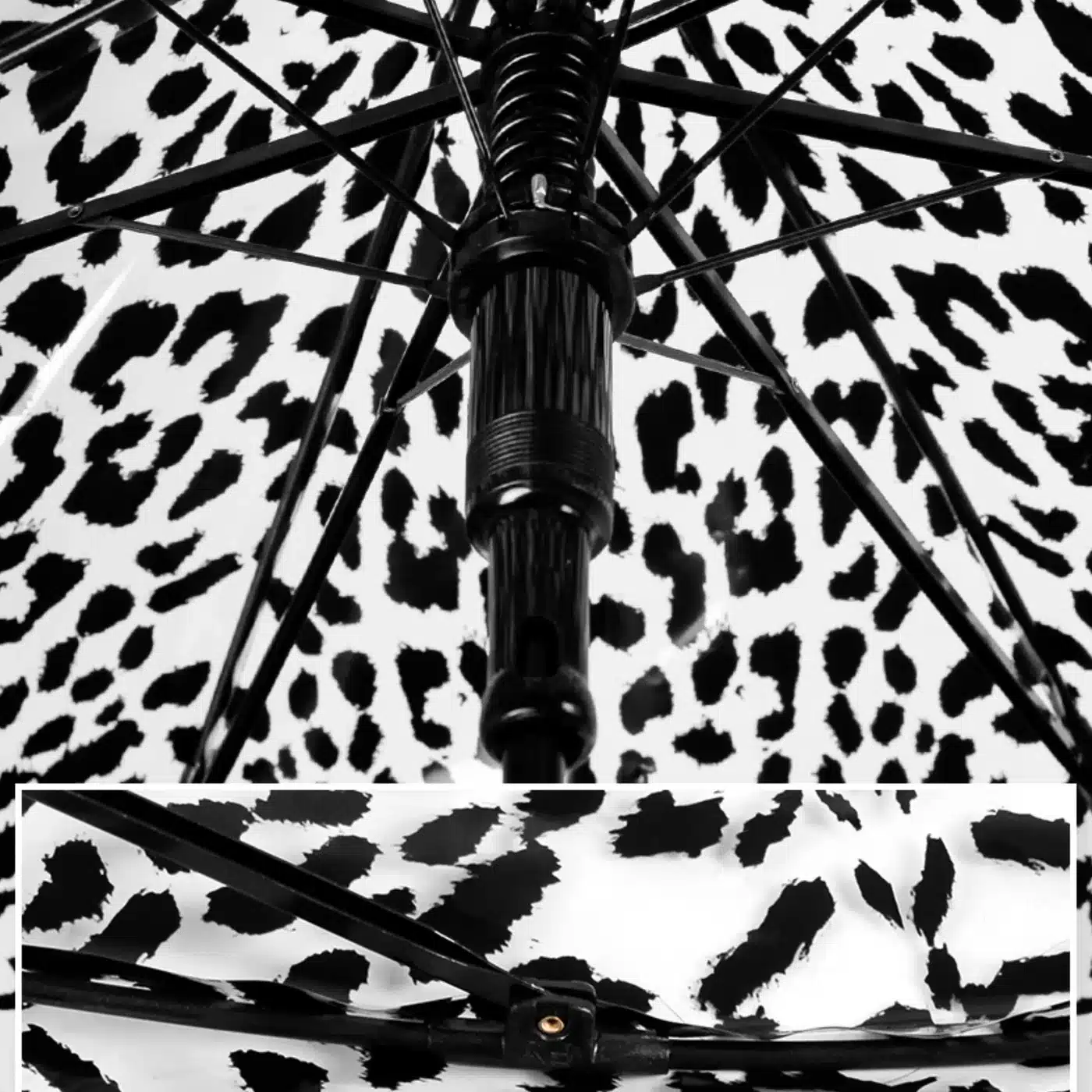 Printed umbrella canopy fabric and frame close-up