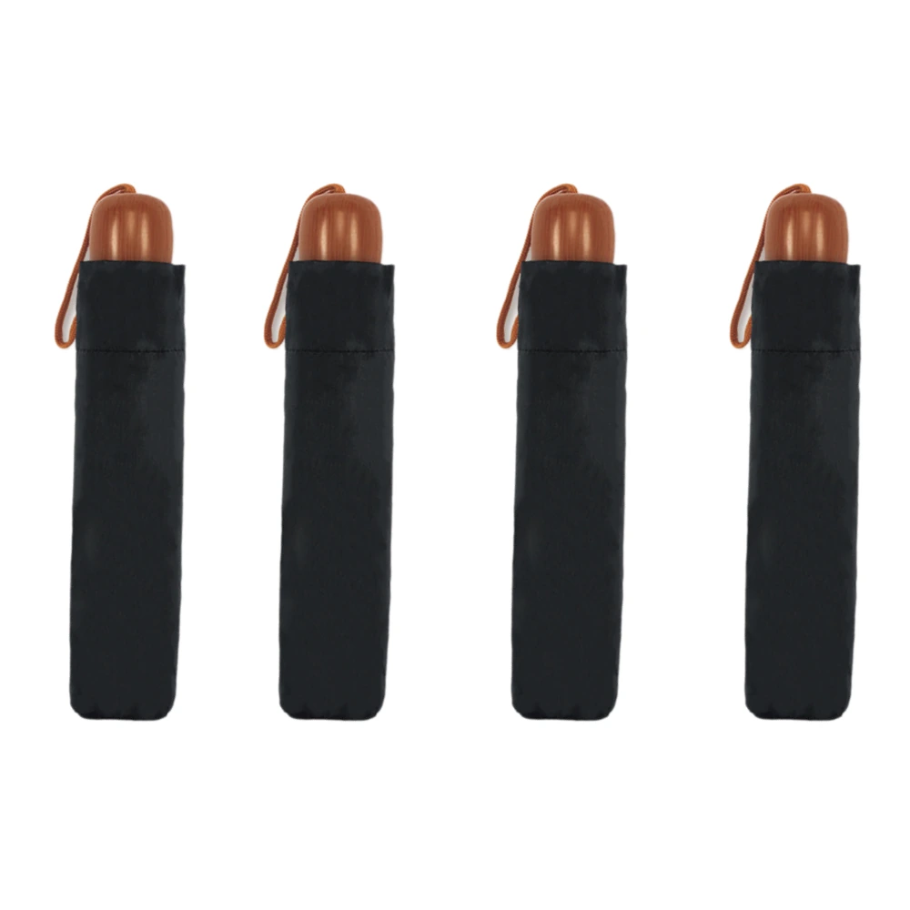 Four folded umbrellas in black sleeves with brown handles