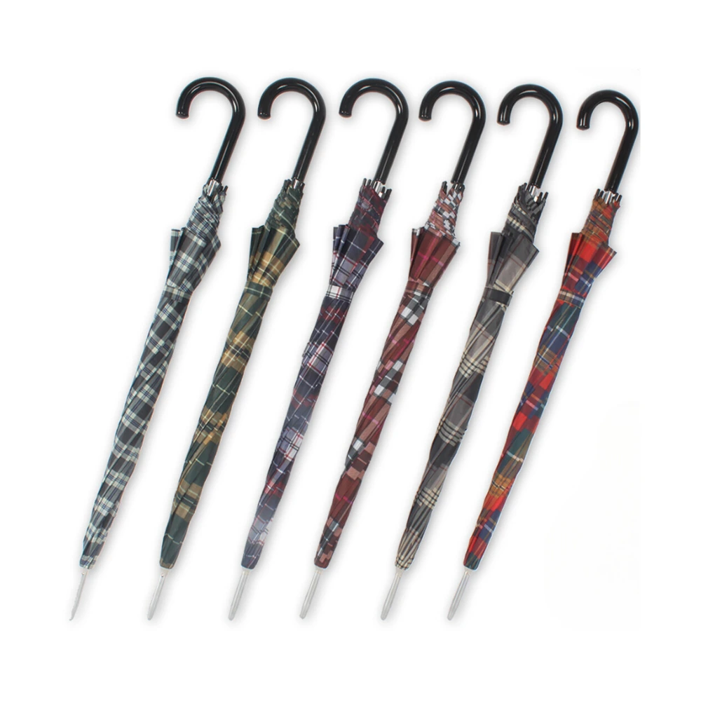 Six closed plaid umbrellas with black curved handles