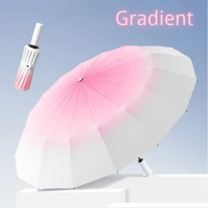 Umbrella 9341 open with a pink-to-white gradient canopy, shown beside its folded form