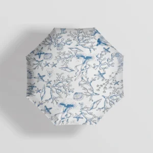 Umbrella 9350 open from above, with blue coral, fish and starfish print on a white canopy